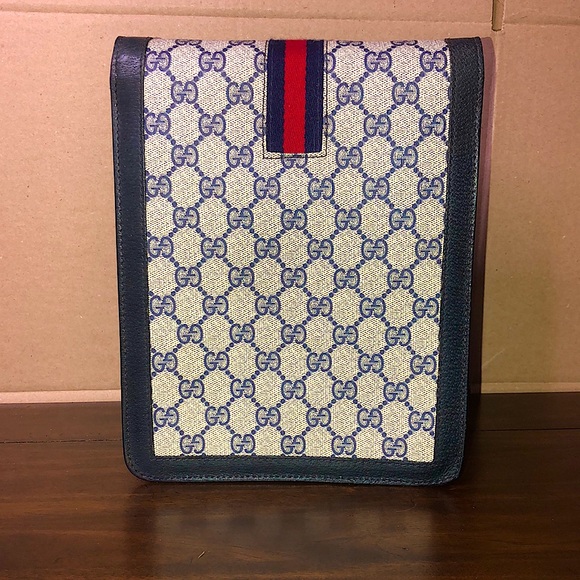 GUCCI GG Ophidia Sherryline Stripe Navy Leather Grey Coated Canvas Crossbody Bag - Picture 7 of 17